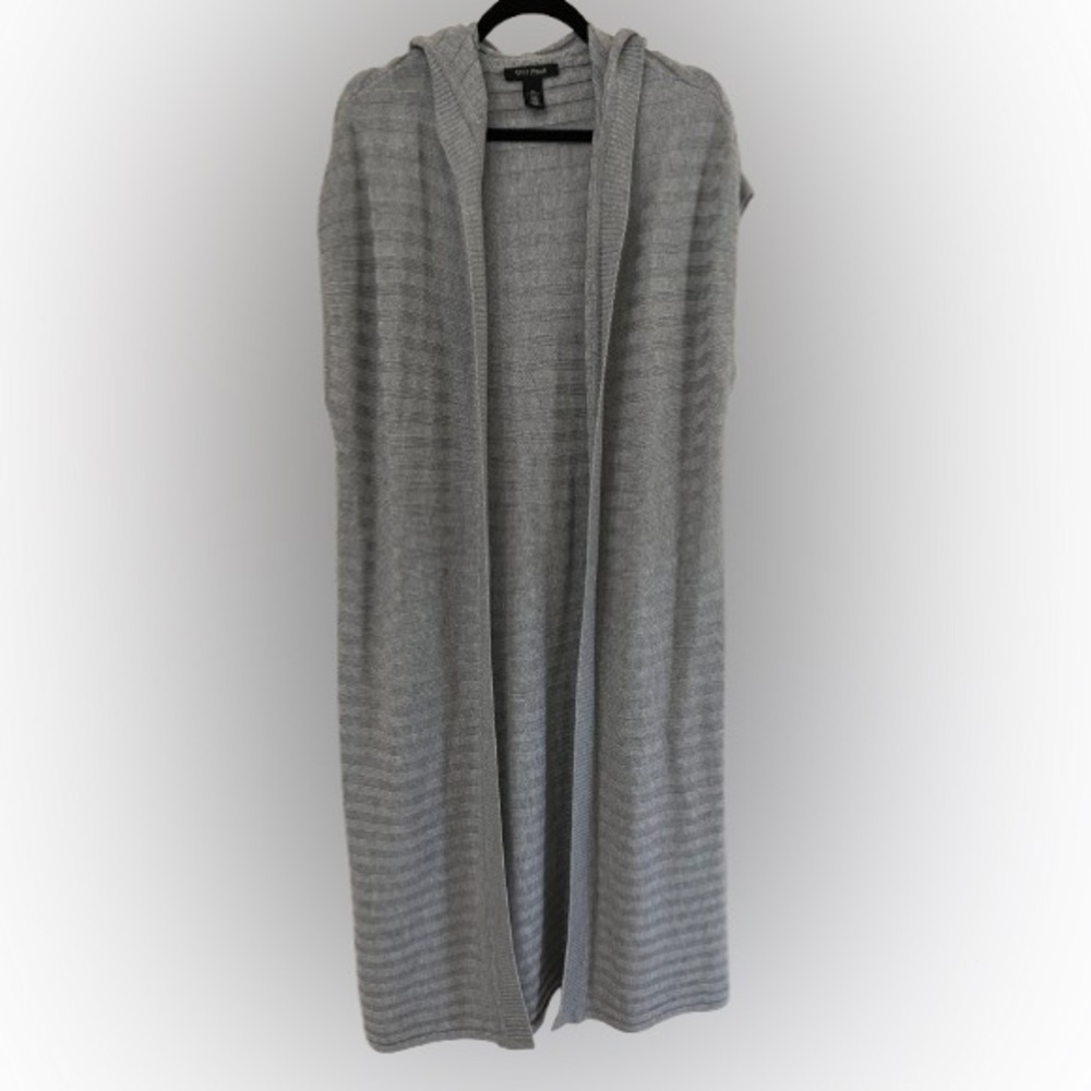 White House Black Market Gray Knit Sleeveless Long Sweater Cardigan Sz XS Wool